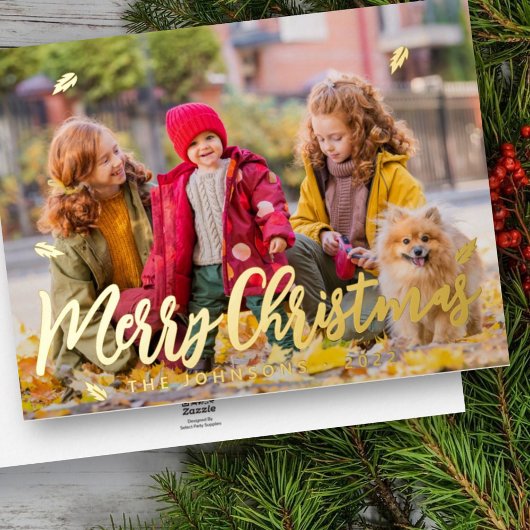 モダンよくはしゃぐシンプルGreetings Leaf家族の写真 箔シーズンカード