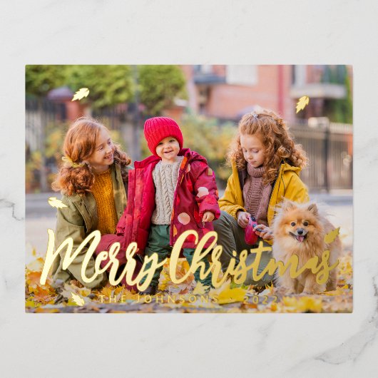 モダンよくはしゃぐシンプルGreetings Leaf家族の写真 箔シーズンポストカード (正面)