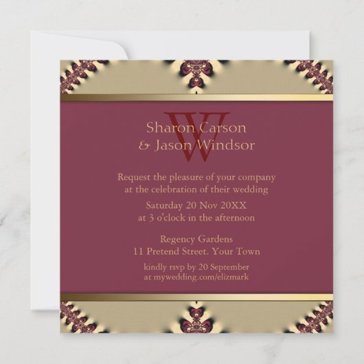 モダンろうけつ染めスターモノグラム深いレッド金ゴールドズ結婚 招待状 (裏面)