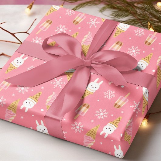 モダンアイスクリームピンクの冬クリスマスパターン ラッピングペーパー
