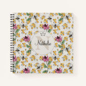 モダンアイボリークイーンビー&フラワーズモノグラフェミニンム ノートブック (正面)