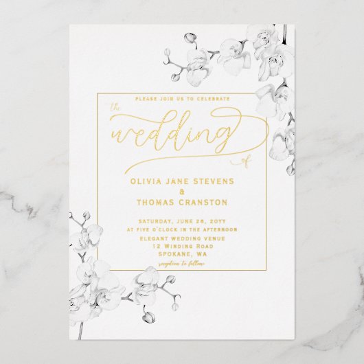 モダンアイボリークラシックオーキッドフレームフローラ結婚ズ 箔招待状 (正面)