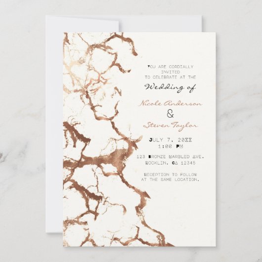 モダンアイボリークリームブロンズラストマーブル結婚ズ 招待状 (正面)