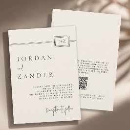 モダンアイボリーミニマル結婚リストモノグラムのQRコード 招待状