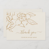 モダンアイボリーラインアートフローラエレガントな結婚式 サンキューカード (正面/裏面)