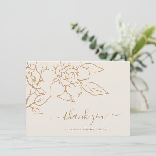 モダンアイボリーラインアートフローラエレガントな結婚式 サンキューカード (スタンド正面)