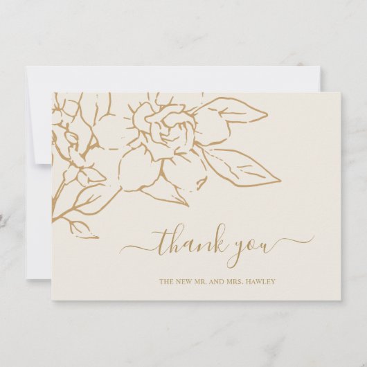 モダンアイボリーラインアートフローラエレガントな結婚式 サンキューカード (正面)