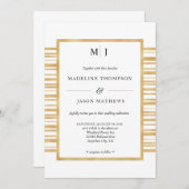 モダンアイボリー白ストライプ金ゴールド縁ど結婚s 招待状 (正面/裏面)