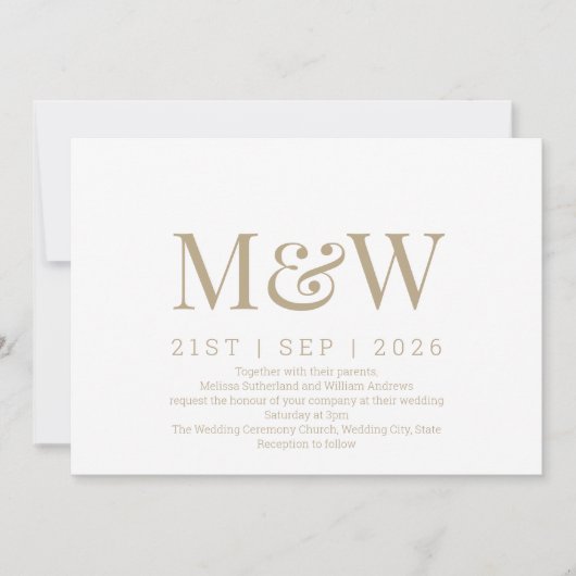 モダンアイボリー金ゴールドモノグ結婚ラム 招待状 (正面)