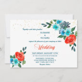 モダンアクアとコーラル フラワー ウェディング 招待状 (正面)