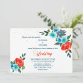 モダンアクアとコーラル フラワー ウェディング 招待状 (スタンド正面)