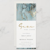 モダンアクアのダスキーブルー ゴールドアゲート SAVE THE DATE 招待状 (正面/裏面)
