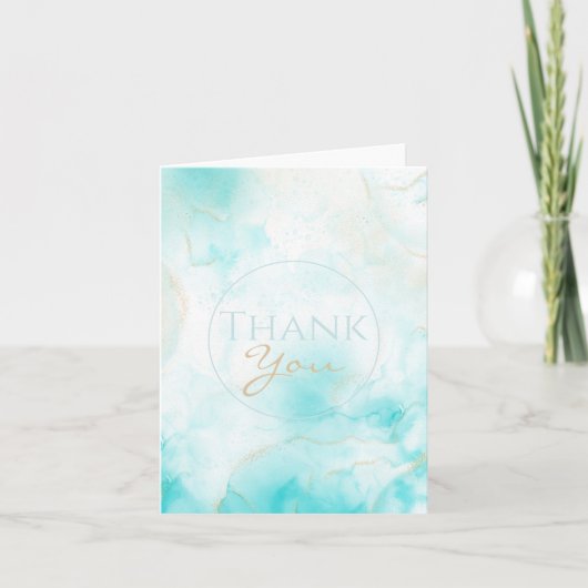 モダンアクアゴールドアルコールインクアート 水彩 海 サンキューカード (正面)