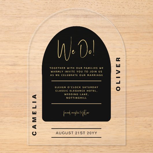 モダンアクリルはっきりしたブラック金ゴールドミニマ結婚リスト アクリル招待状 (正面)