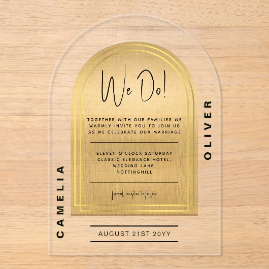 モダンアクリルはっきりした金ゴールドミニマ結婚リスト アクリル招待状 (正面)