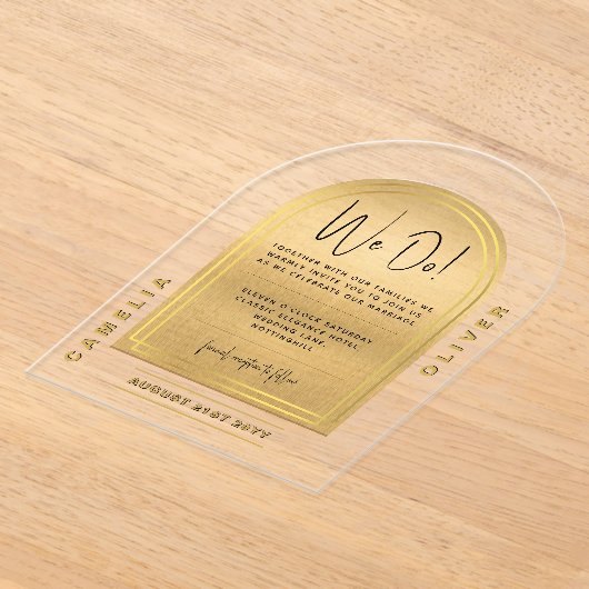 モダンアクリル金ゴールドはっきりしたブラックミニマル結婚リスト アクリル招待状 (レイダウン)