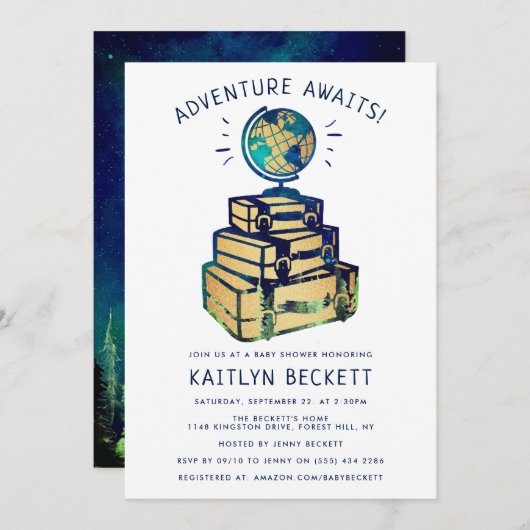 モダンアドベンチャー トラベル グローブ ベビーシャワー 招待状 (正面/裏面)