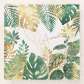 モダンアナスタシア金ゴールドグリーントロピカル離れ ガラスコースター (正面)