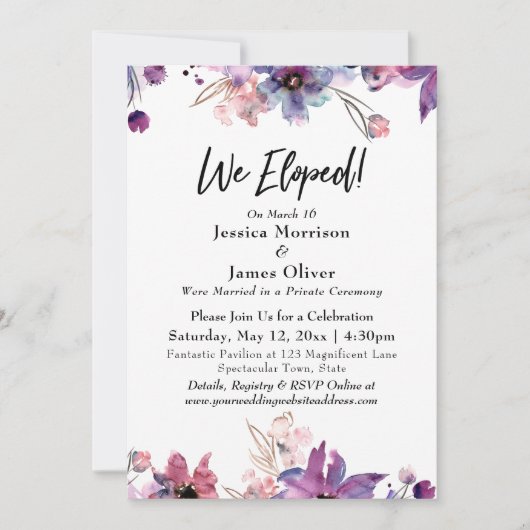 モダンアブストラクトウォーターカラーフローラルズ 私たちは秘密の結婚式を挙げた！ 招待状 (正面)