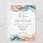 モダンアブストラクトカラーウェーブブルー結婚式 招待状 (正面)