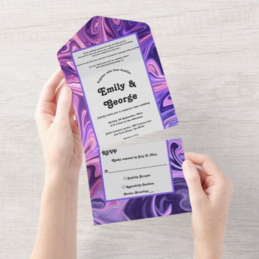 モダンアブストラクトギャラクシーアート ウェーブ ブルー シック ウェディング オールインワン招待状 (貼ってはがせる)