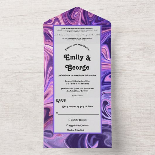 モダンアブストラクトギャラクシーアート ウェーブ ブルー シック ウェディング オールインワン招待状 (内側)