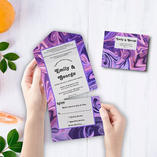 モダンアブストラクトギャラクシーアート ウェーブ ブルー シック ウェディング オールインワン招待状