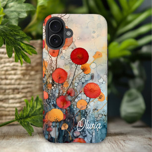モダンアブストラクトフラワーズ 名前入り iPhone 16 PLUSケース