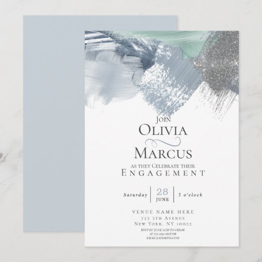 モダンアブストラクトブラシストローク ダスティーブルー セージグリーン 招待状 (正面/裏面)