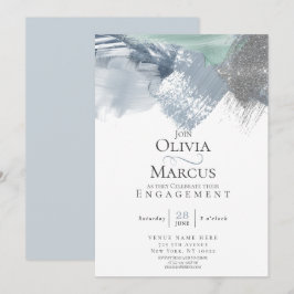 モダンアブストラクトブラシストローク ダスティーブルー セージグリーン 招待状