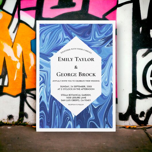 モダンアブストラクトブルーオイルペイントミニマルウェディング 招待状