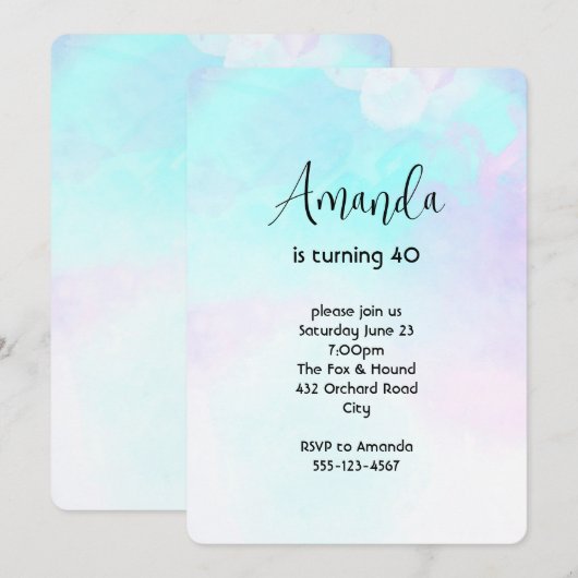 モダンアブストラクトブルー＆パープル水彩誕生日 招待状 (正面/裏面)