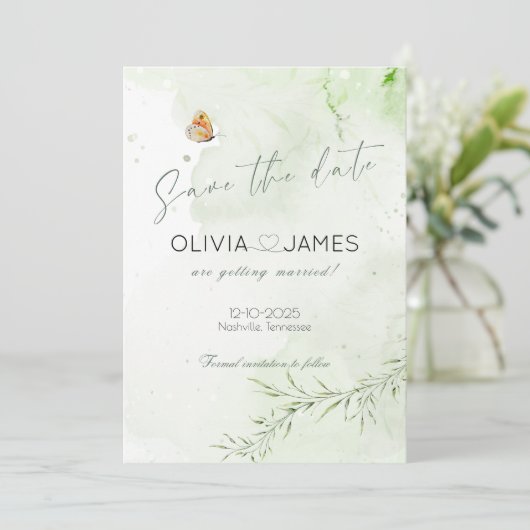 モダンアブストラクトリーフでおめでたい日を発表しよう - 結婚式のSave the Dateカード 招待状 (スタンド正面)