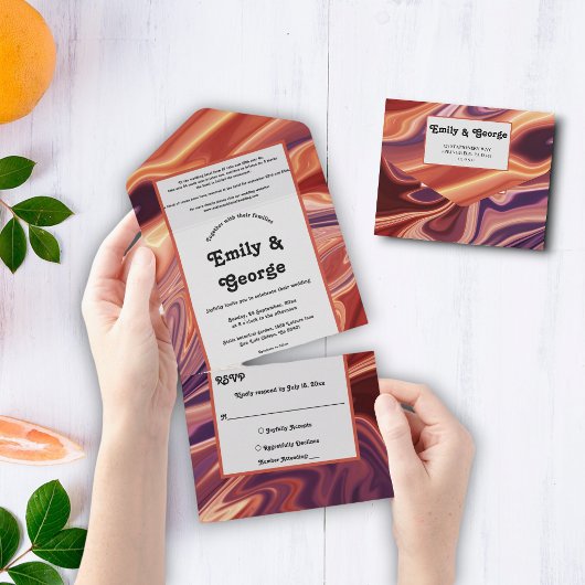 モダンアブストラクト溶岩オイルペイント ミニマルウェディング オールインワン招待状