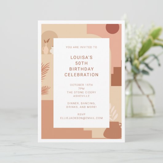 モダンアブストラクト50歳の誕生日アースカラージオメトリック 招待状 (スタンド正面)