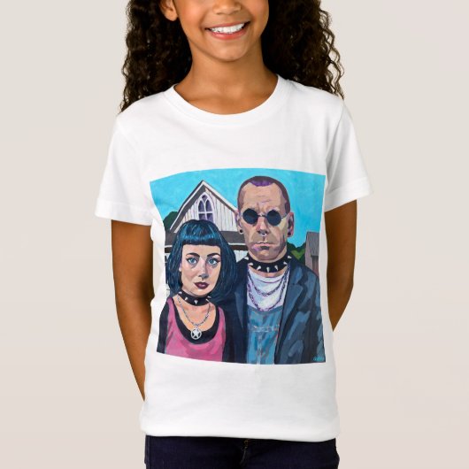 モダンアメリカン・ゴシックアート - グラント・ウッズにインスパイアされた Tシャツ (正面)