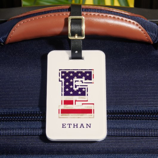 モダンアメリカ国旗モノグラム E ラゲッジタグ (正面インサイチュ2)