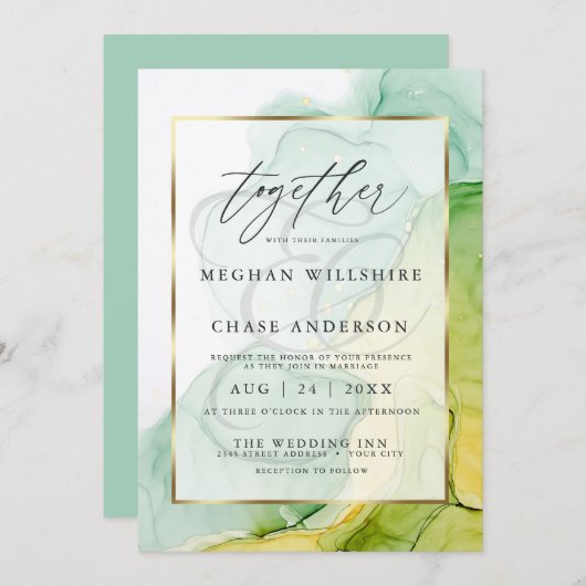 モダンアルコ結婚ール鮮やかインキの緑と金ゴールド 招待状 (正面/裏面)