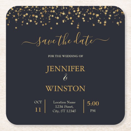 モダンアンドクラシック金ゴールドスター結婚ズ スクエアペーパーコースター (正面)