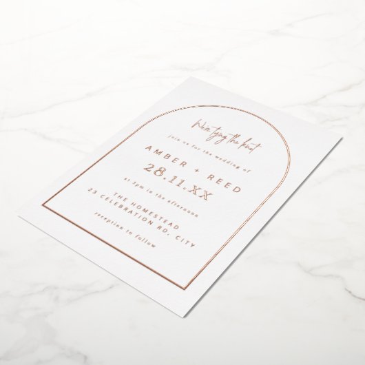 モダンアーチウェディングリアルローズゴールドフォイル 箔招待状 (回転した状態)