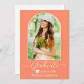 モダンアーチキャップ書道コーラルピーチ卒業 案内状 (正面/裏面)