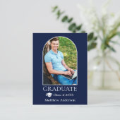 モダンアーチグラッドキャップフォトブルー卒業 ポストカード (スタンド正面)