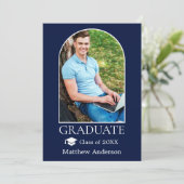 モダンアーチグラッドキャップフォトブルー卒業 案内状 (スタンド正面)