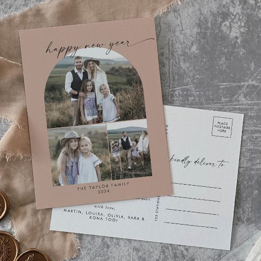 モダンアーチサーモン写真コラージュ家族 シーズンポストカード