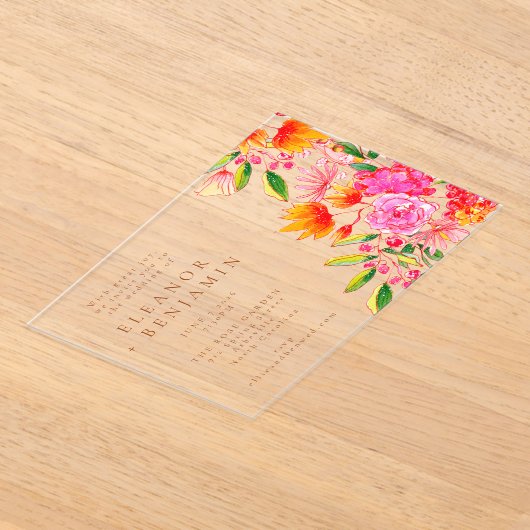 モダンアーチピンクオレンジ色のフローラ結婚 アクリル招待状 (レイダウン)