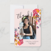 モダンアーチピンクフローラ写真卒業パーティー サンキューカード (正面)