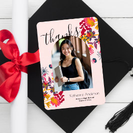 モダンアーチピンクフローラ写真卒業パーティー サンキューカード