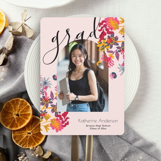 モダンアーチピンクフローラ写真卒業パーティー 招待状