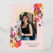 モダンアーチピンクフローラ写真卒業パーティー 箔招待状 (正面)