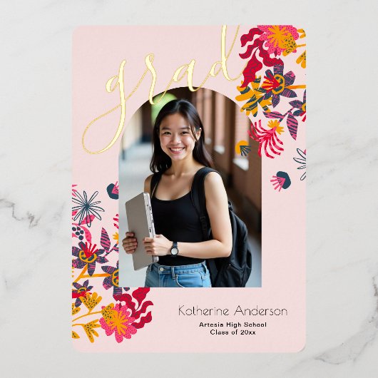 モダンアーチピンクフローラ写真卒業パーティー 箔招待状 (正面)